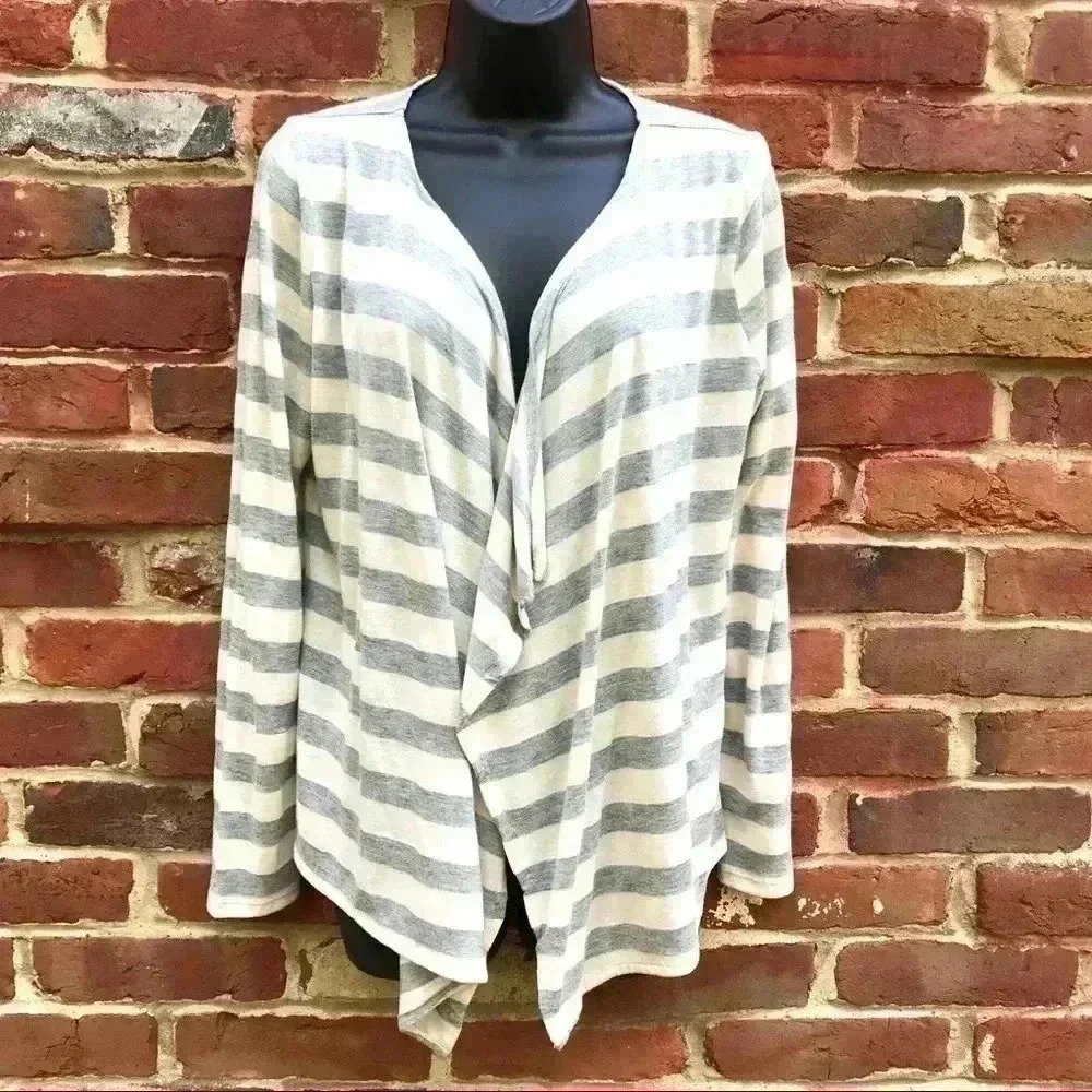 LIZ CLAIBORNE Gray White Striped Rayon  Blend Open Front V-Cut Cardigan (M(